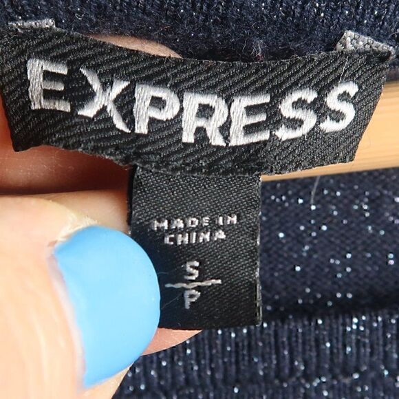 EXPRESS DARK BLUE CUT OUT  SPARKLY STRETCH LONG SLEEVE MIDI DRESS SIZE SMALL - Picture 2 of 8